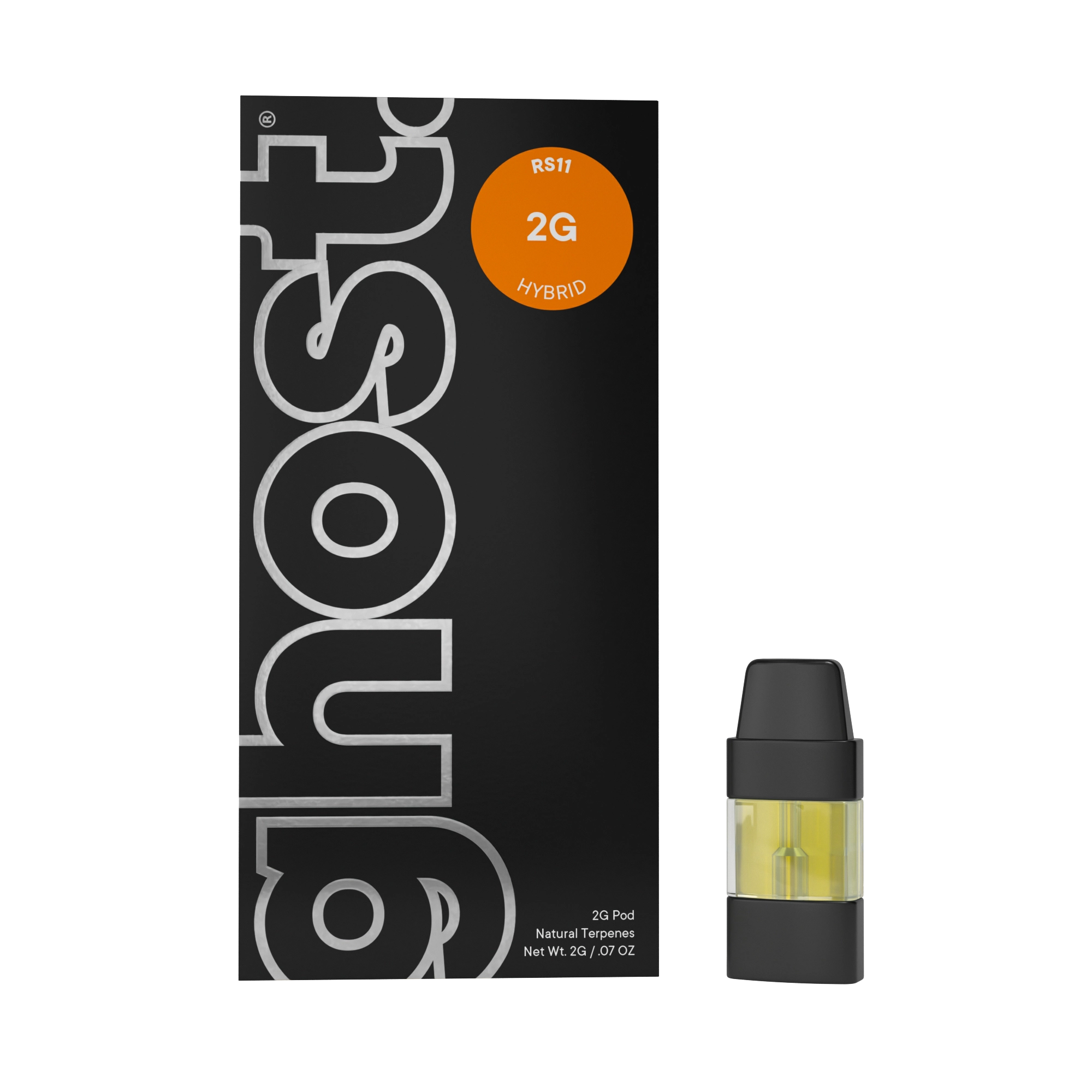 Black packaging featuring an orange circular label reading 'RS11 2G HYBRID'; a vape pod with yellow liquid visible beside it (2G Pod Natural Terpenes).